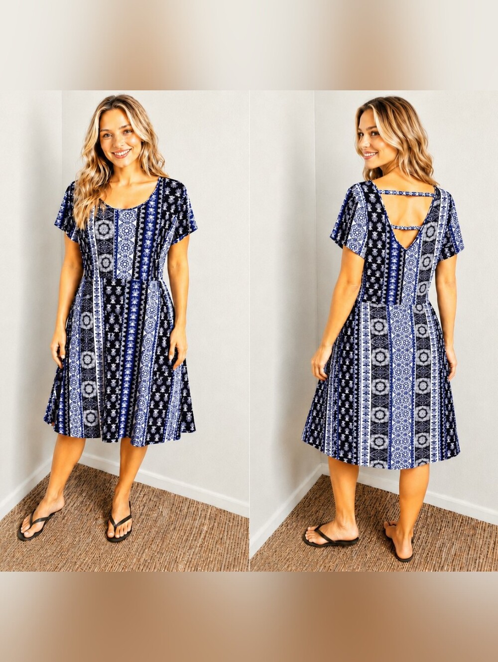 Bobbie Brooks Blue & Black Patterned Short Sleeve Dress, Size XL